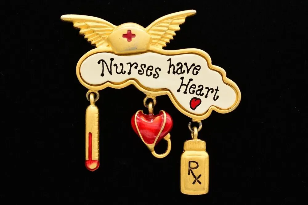Tara Vintage Nurse Pin Brooch Gold Charms Nurses Have Heart Angel Signed BinAL